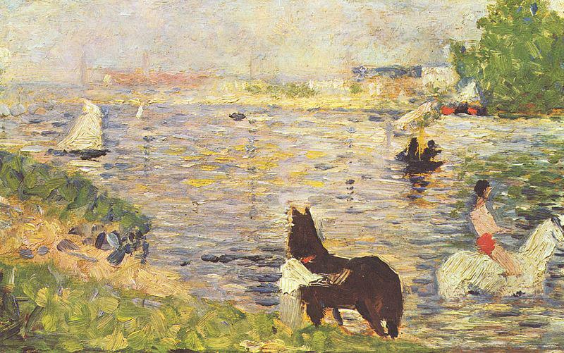 Georges Seurat Weibes und schwarzes Pferd im Flub France oil painting art